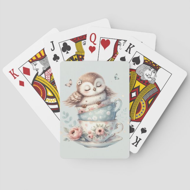 Sleeping Owl in Stacked Floral Teacups Poker Cards (Back)