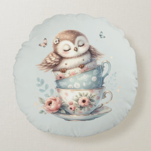 Sleeping Owl in Stacked Floral Teacups Round Pillow