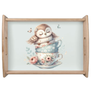 Sleeping Owl in Stacked Floral Teacups Serving Tray