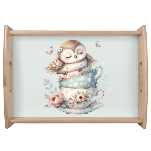 Sleeping Owl in Stacked Floral Teacups Serving Tray (Front)