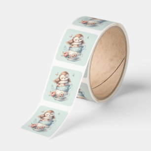 Sleeping Owl in Stacked Floral Teacups Square Sticker