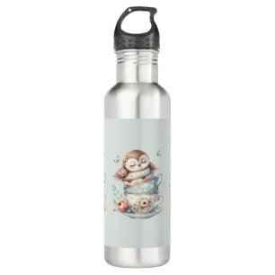 Sleeping Owl in Stacked Floral Teacups Stainless Steel Water Bottle