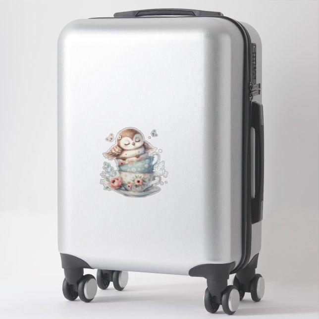 Sleeping Owl in Stacked Floral Teacups Sticker (Suitcase)