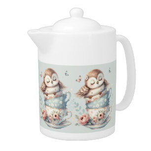 Sleeping Owl in Stacked Floral Teacups Teapot