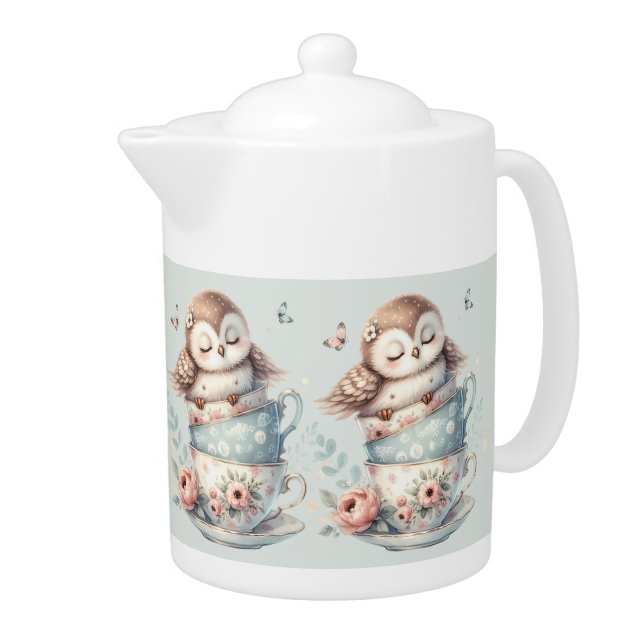 Sleeping Owl in Stacked Floral Teacups Teapot (Right)