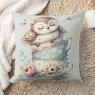 Sleeping Owl in Stacked Floral Teacups Throw Pillow