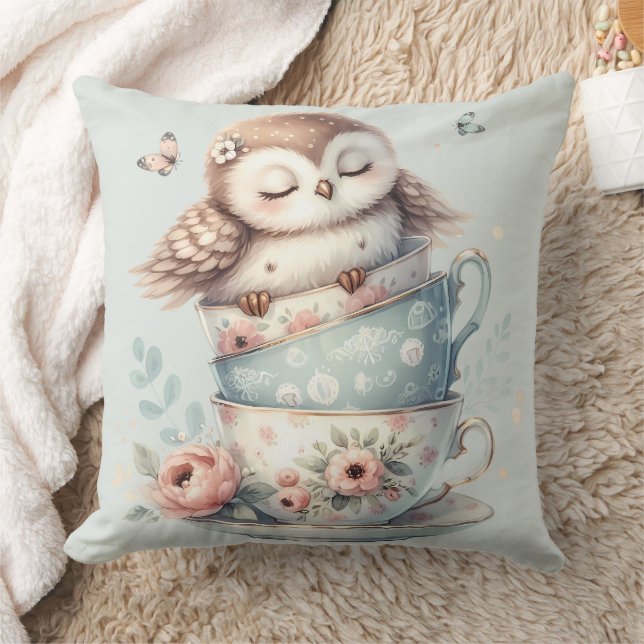 Sleeping Owl in Stacked Floral Teacups Throw Pillow (Blanket)