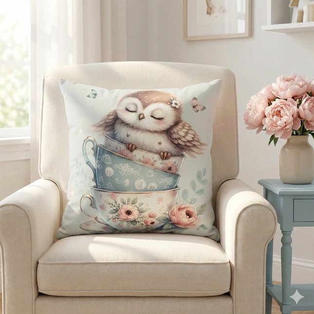 Sleeping Owl in Stacked Floral Teacups Throw Pillow (Sleeping Owl in Stacked Floral Teacups Throw Pillow Mockup A)