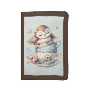 Sleeping Owl in Stacked Floral Teacups Trifold Wallet