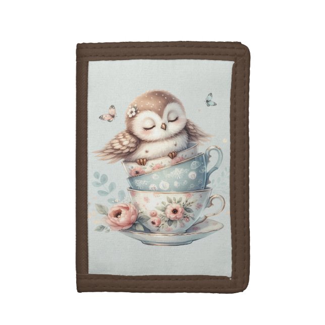 Sleeping Owl in Stacked Floral Teacups Trifold Wallet (Front Vertical)