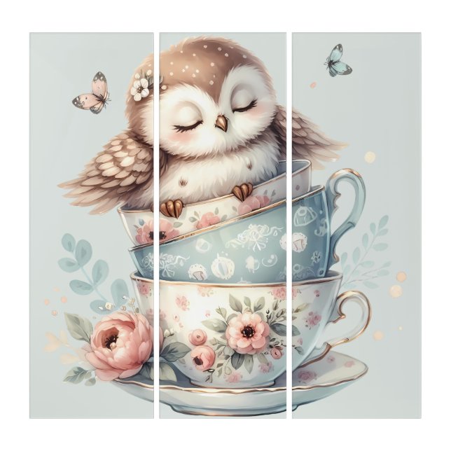 Sleeping Owl in Stacked Floral Teacups Triptych (Front)