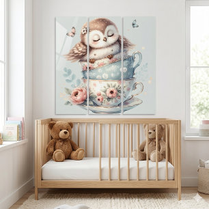 Sleeping Owl in Stacked Floral Teacups Triptych