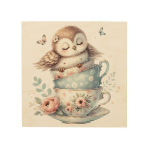 Sleeping Owl in Stacked Floral Teacups Wood Wall Art