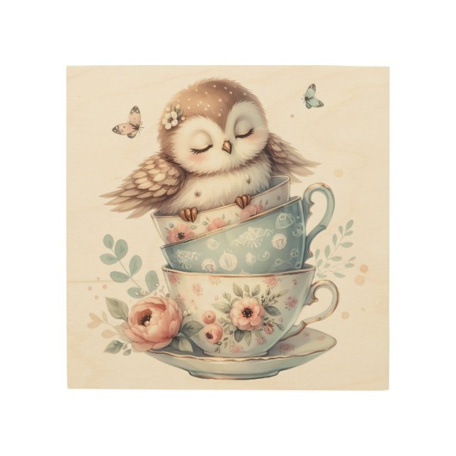 Sleeping Owl in Stacked Floral Teacups Wood Wall Art (Front)