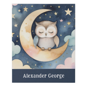 Sleeping Owl on Moon Custom Baby Name Faux Canvas Print