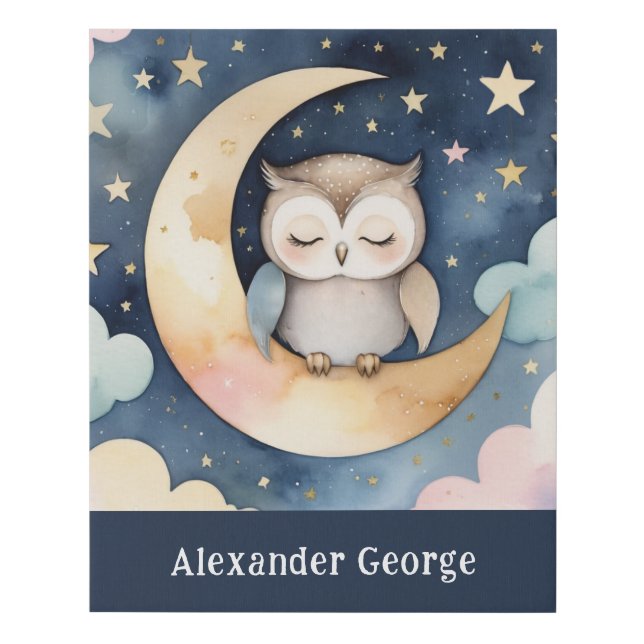 Sleeping Owl on Moon Custom Baby Name Faux Canvas Print (Front)