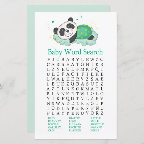 Sleeping panda Baby Shower Word Search Game