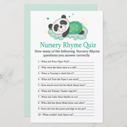 Sleeping panda Nursery Rhyme Quiz baby shower game