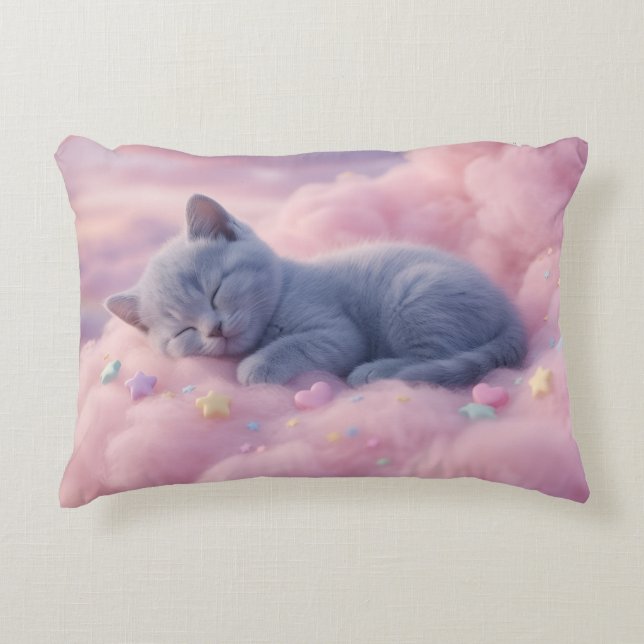 Sleeping Pastel Kitten on Fluffy Pink Clouds Art Accent Pillow (Front)