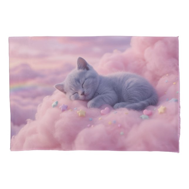 Sleeping Pastel Kitten on Fluffy Pink Clouds Art Pillow Case (Front)