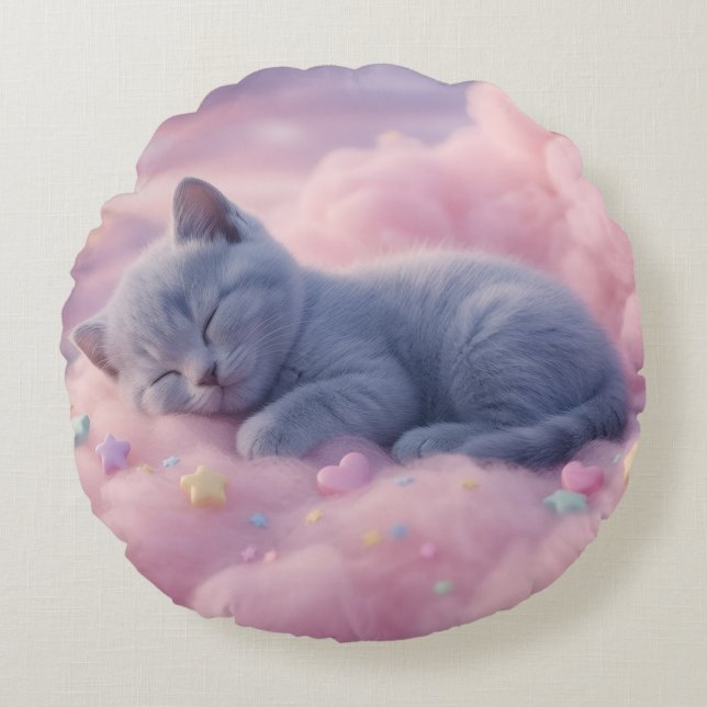 Sleeping Pastel Kitten on Fluffy Pink Clouds Art Round Pillow (Front)