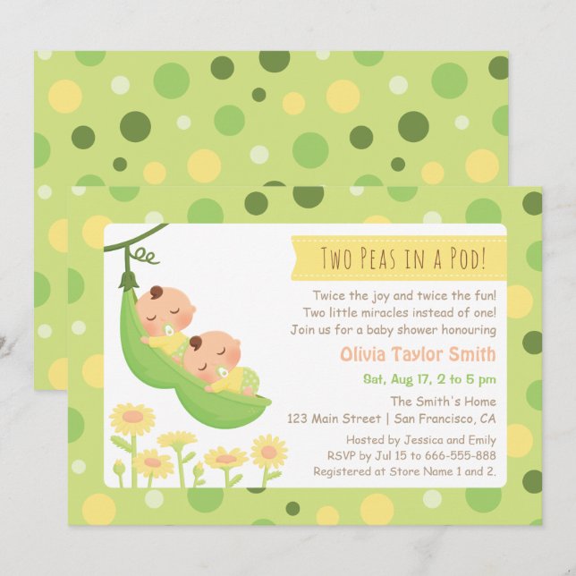Sleeping Peas in a Pod Twin Baby Shower Invites (Front/Back)
