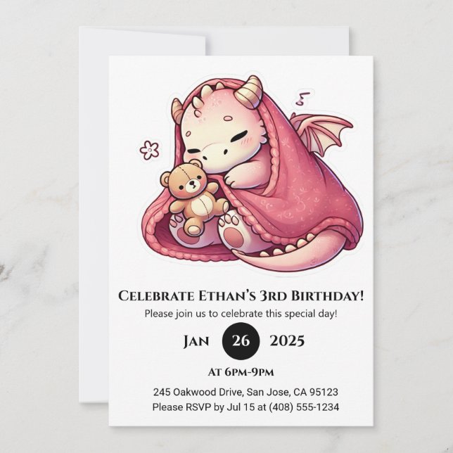 Sleeping Pink Baby Dragon with Teddy Birthday Invitation (Front)