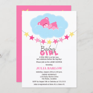 Sleeping Pink Girl Teddy Bear in Cloud Baby Shower Invitation