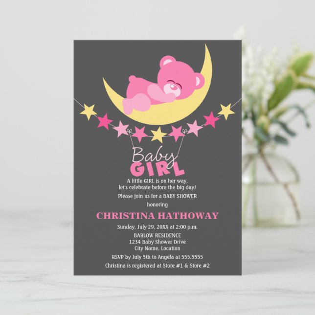 Sleeping Pink Girl Teddy Bear on Moon Baby Shower Invitation (Standing Front)