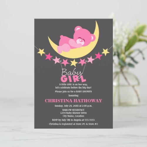 Sleeping Pink Girl Teddy Bear on Moon Baby Shower Invites