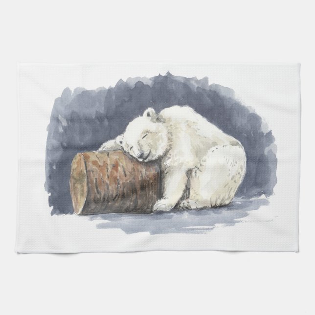 Sleeping polar bear, watercolor art kitchen towel (Horizontal)
