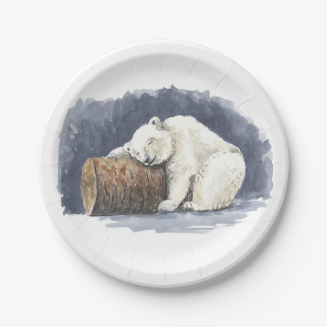 Sleeping polar bear, watercolor art paper plates (Front)