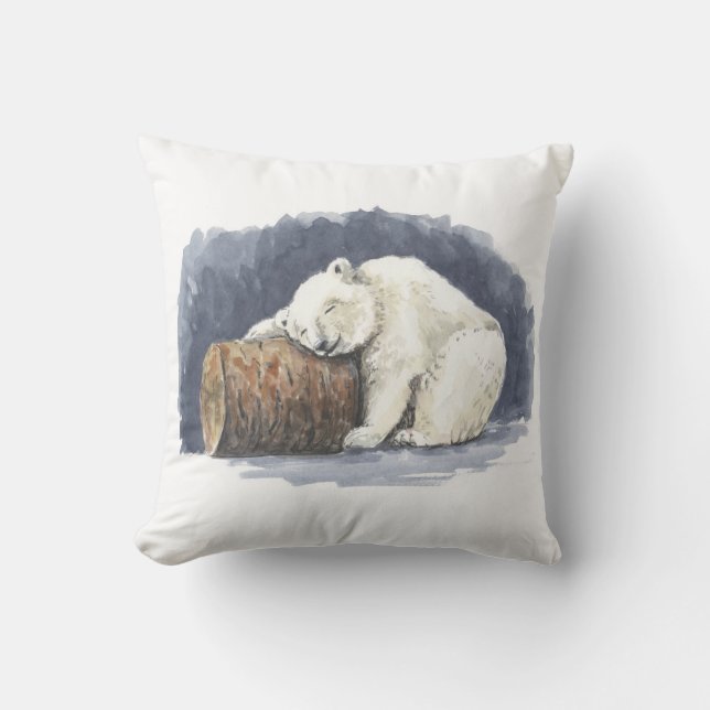 Sleeping polar bear, watercolor art throw pillow (Front)