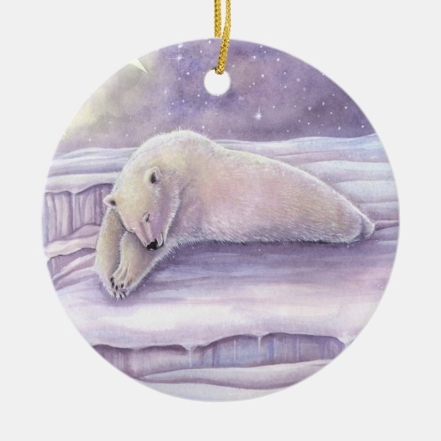 Sleeping Polar Bear Wildlife Fantasy Art Ceramic Ornament (Front)