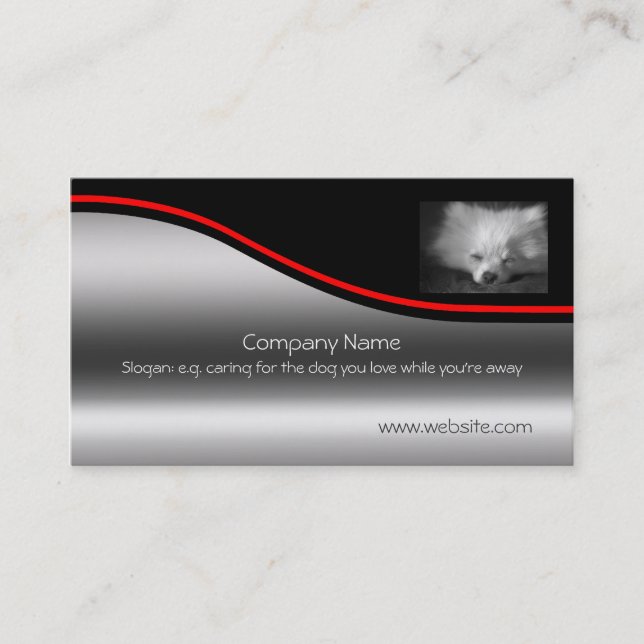 Sleeping Pomeranian, red swoosh, metallic-effect Business Card (Front)