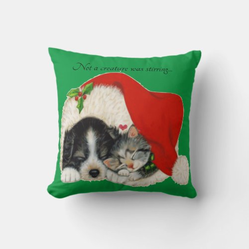 Sleeping puppy and kitty in Santa hat Throw Pillow