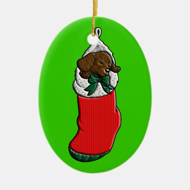 Sleeping Puppy in Christmas Stocking Ceramic Ornament (Front)