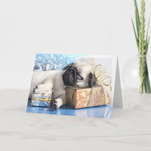 Sleeping  puppy pug and Christmas gifts Holiday Card