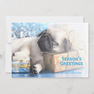 Sleeping puppy pug and Christmas gifts Holiday Card