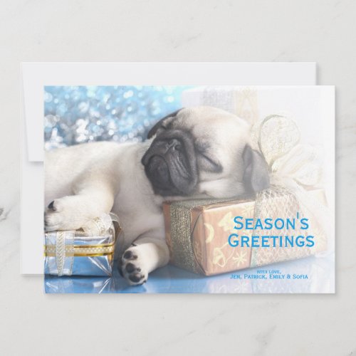 Sleeping puppy pug and Christmas gifts Holiday Card