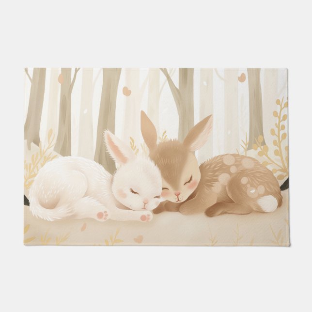 Sleeping rabbit and fawn in forest nursery rug (Front)