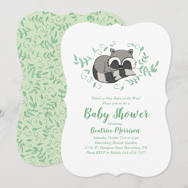 Sleeping Raccoon Baby Shower Woodland Invitation (Front/Back)