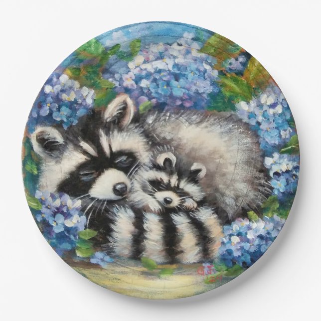 Sleeping Raccoon Mom & Baby Paper Plates (Front)