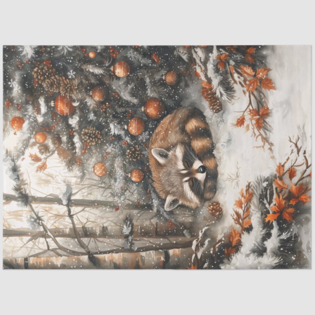 Sleeping Raccoon Rustic Christmas Decoupage Tissue Paper (Front)