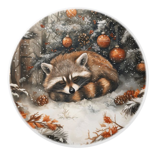Sleeping Raccoon Whimsical Rustic Christmas Ceramic Knob (Front)