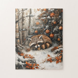 Sleeping Raccoon Whimsical Rustic Christmas Jigsaw Puzzle