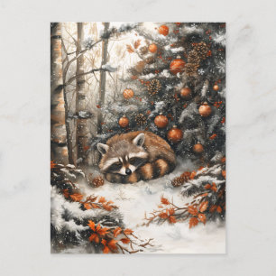 Sleeping Raccoon Whimsical Rustic Christmas Postcard