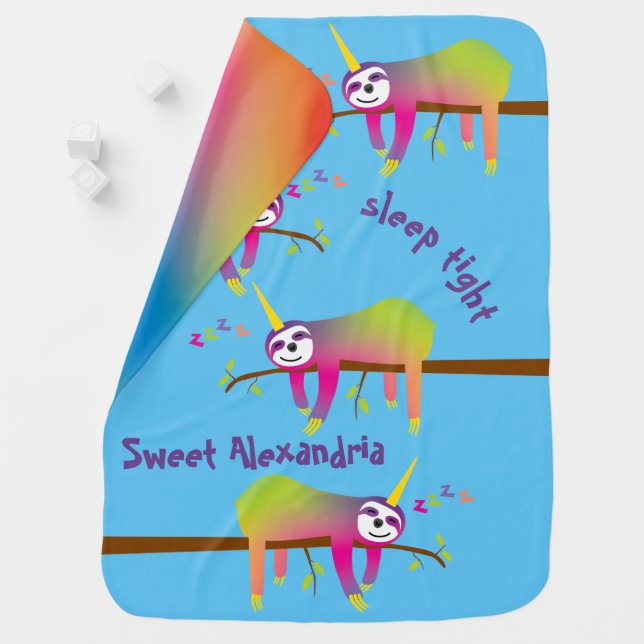 Sleeping Rainbow Slothicorns Custom Name Baby Blanket (In Situ)