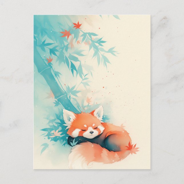 Sleeping Red Panda Under Blue Bamboo Postcard (Front)