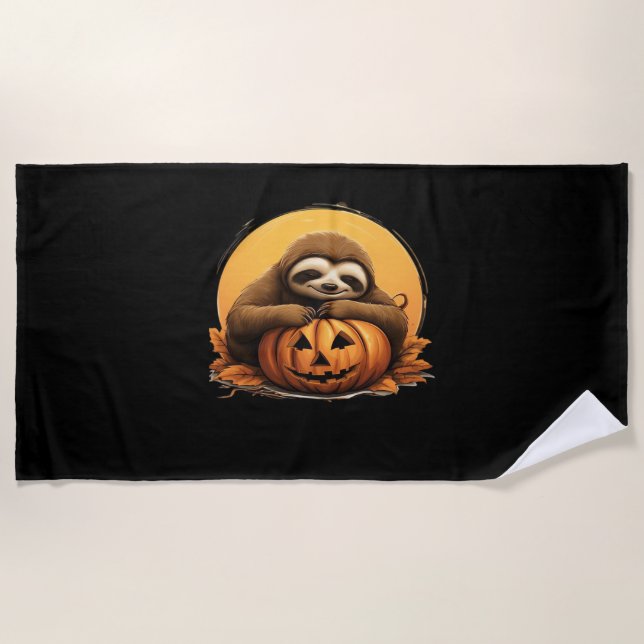 Sleeping Sloth and Halloween Pumpkin Classic T-Shi Beach Towel (Front)
